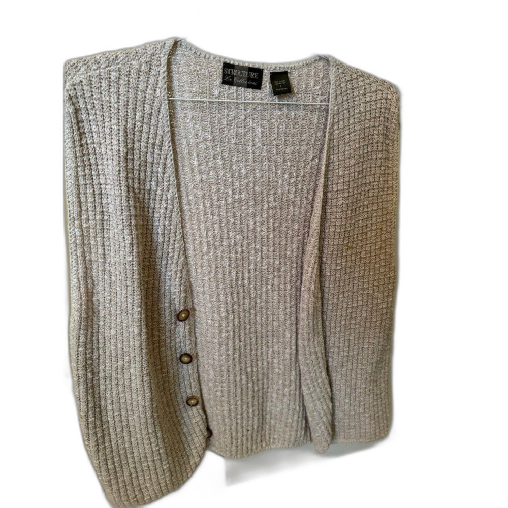 Structure Cardigan Unisex Ribbed Knit Button Down Vintage Made in USA SZ L‎
